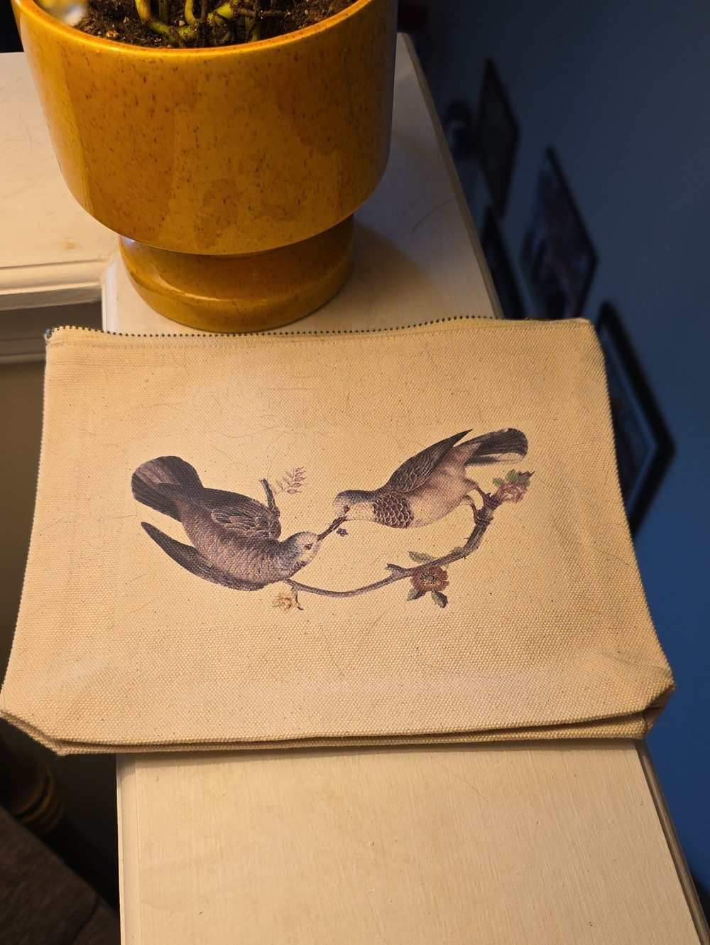 Mary Lake Thompson Canvas Bird Print Zipper Pouch in Natural